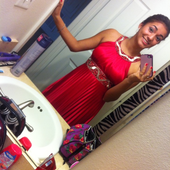 Halter Red Satin Prom Dress w/ Clear & Red beading - Picture 5 of 5